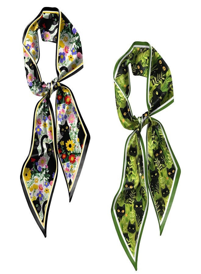 Cabreche 2PC Hair Head Scarf Neck Scarves Silk Feeling Long Oblique Angle Satin Cute Women Girls Handbag 59 * 6.7'' (AP19-Flower Cat) - Image 1